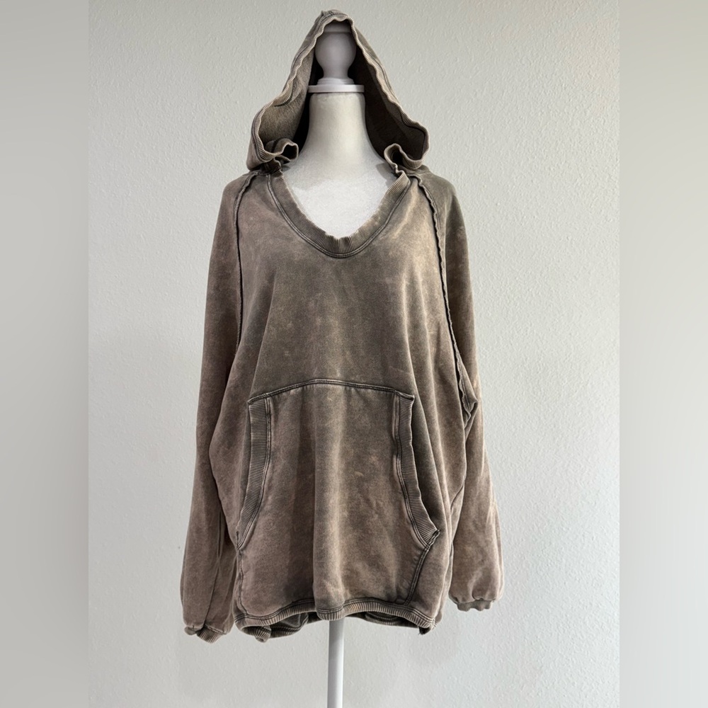 BDG Carli Seamed Hoodie Acidic Wash Tan Sz L Oversized‎ Cotton Blend